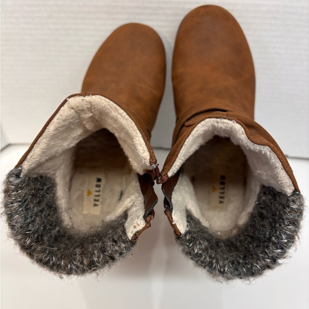 Yellow Brown Knit Cuff Buckle Combat Ankle Boots - Picture 10 of 10